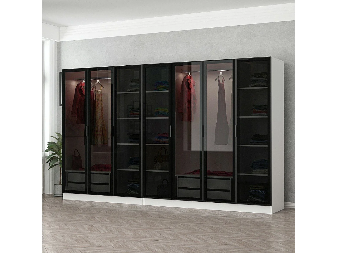 Dressing 7 portes Verre fumé Noir Antipaxos L315xH210cm 2 tringles et 4 tiroirs Blanc