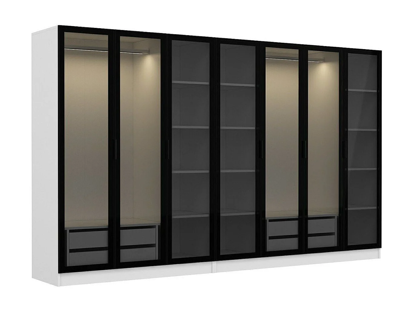 Dressing 7 portes Verre fumé Noir Antipaxos L315xH210cm 2 tringles et 4 tiroirs Blanc