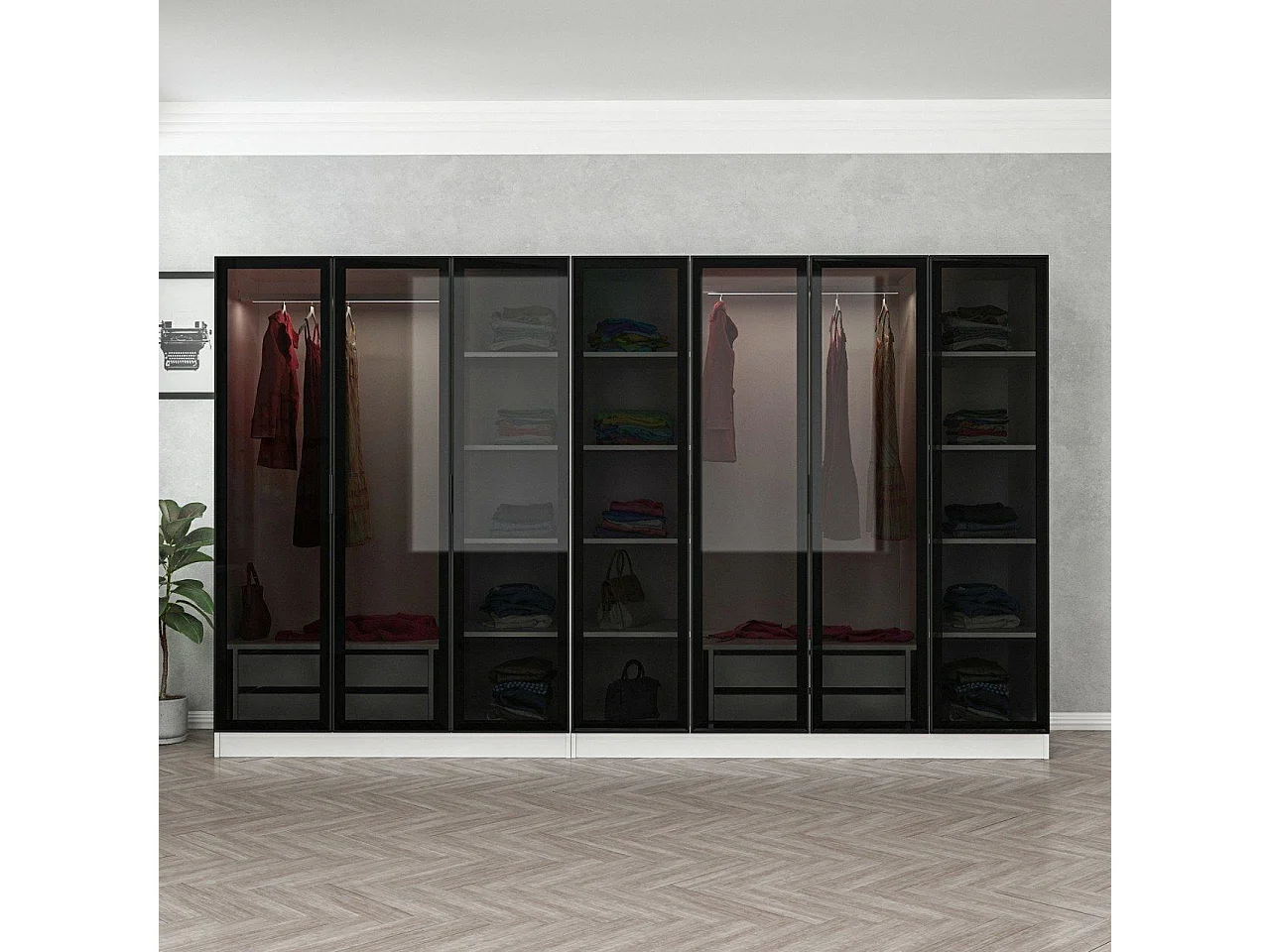 Dressing 7 portes Verre fumé Noir Antipaxos L315xH210cm 2 tringles et 4 tiroirs Blanc