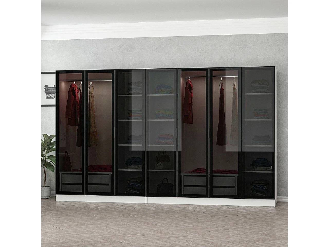 Dressing 7 portes Verre fumé Noir Antipaxos L315xH210cm 2 tringles et 4 tiroirs Blanc