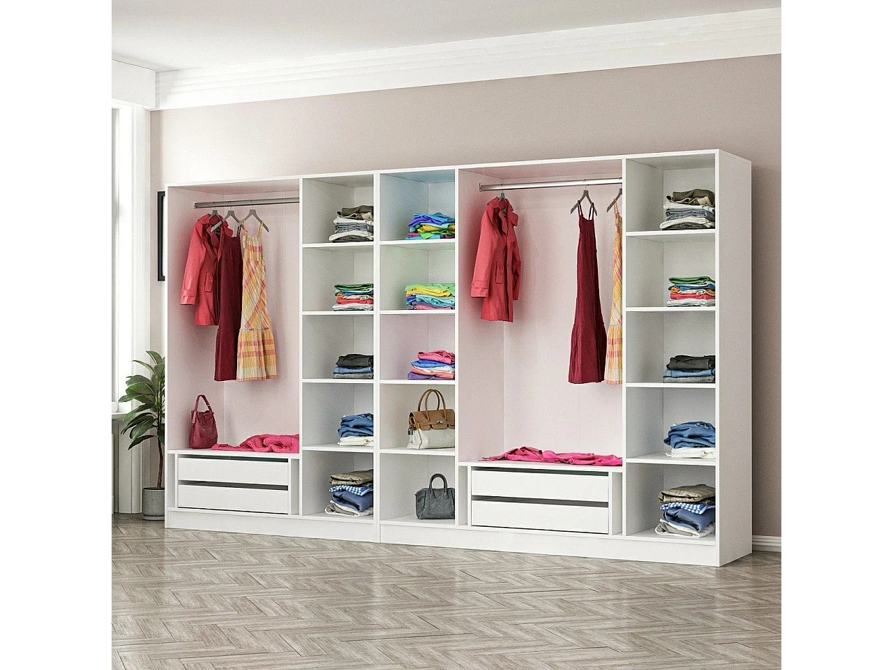 Dressing 7 portes Verre fumé Noir Antipaxos L315xH210cm 2 tringles et 4 tiroirs Blanc