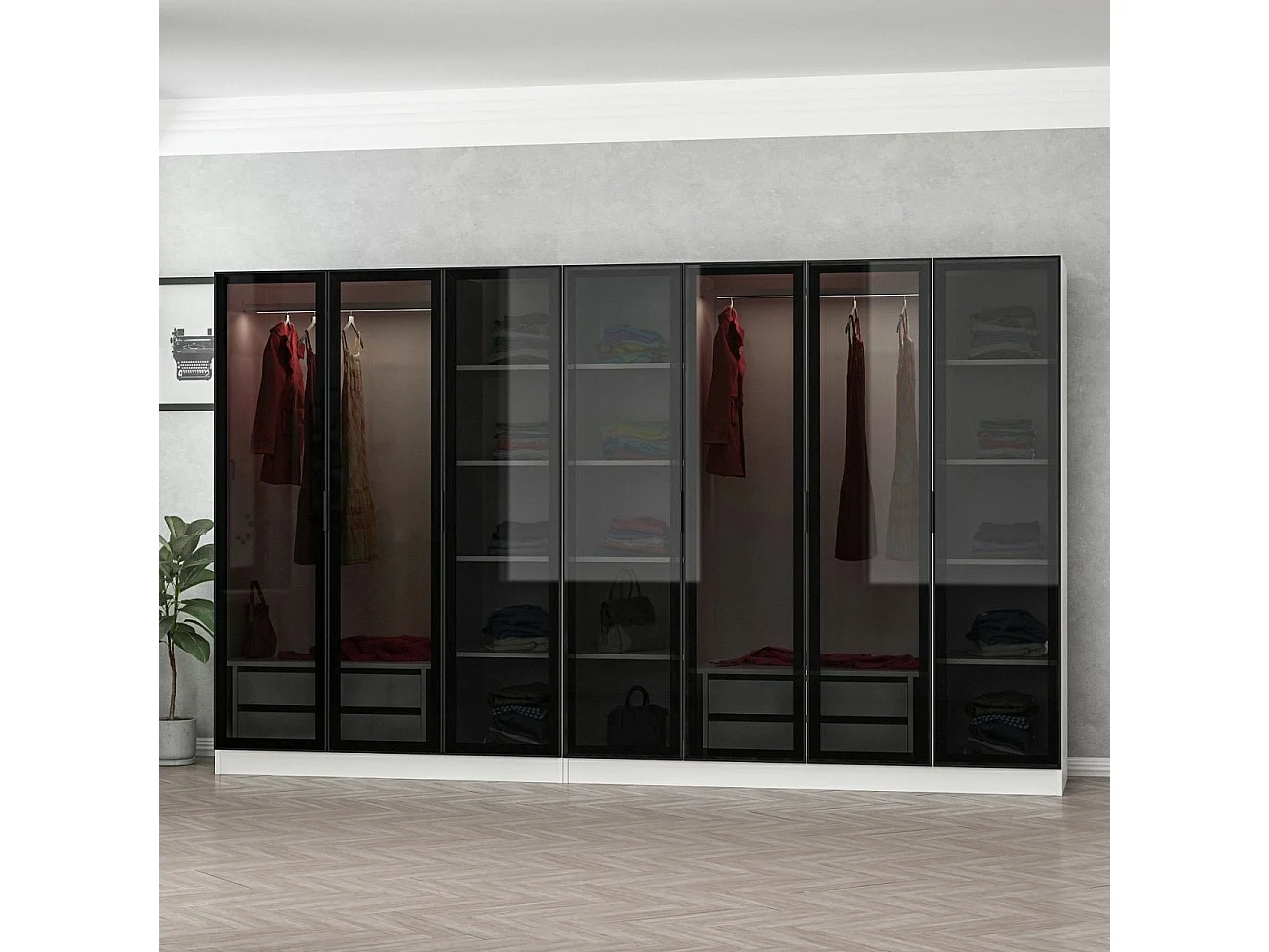 Dressing 7 portes Verre fumé Noir Antipaxos L315xH210cm 2 tringles et 4 tiroirs Blanc