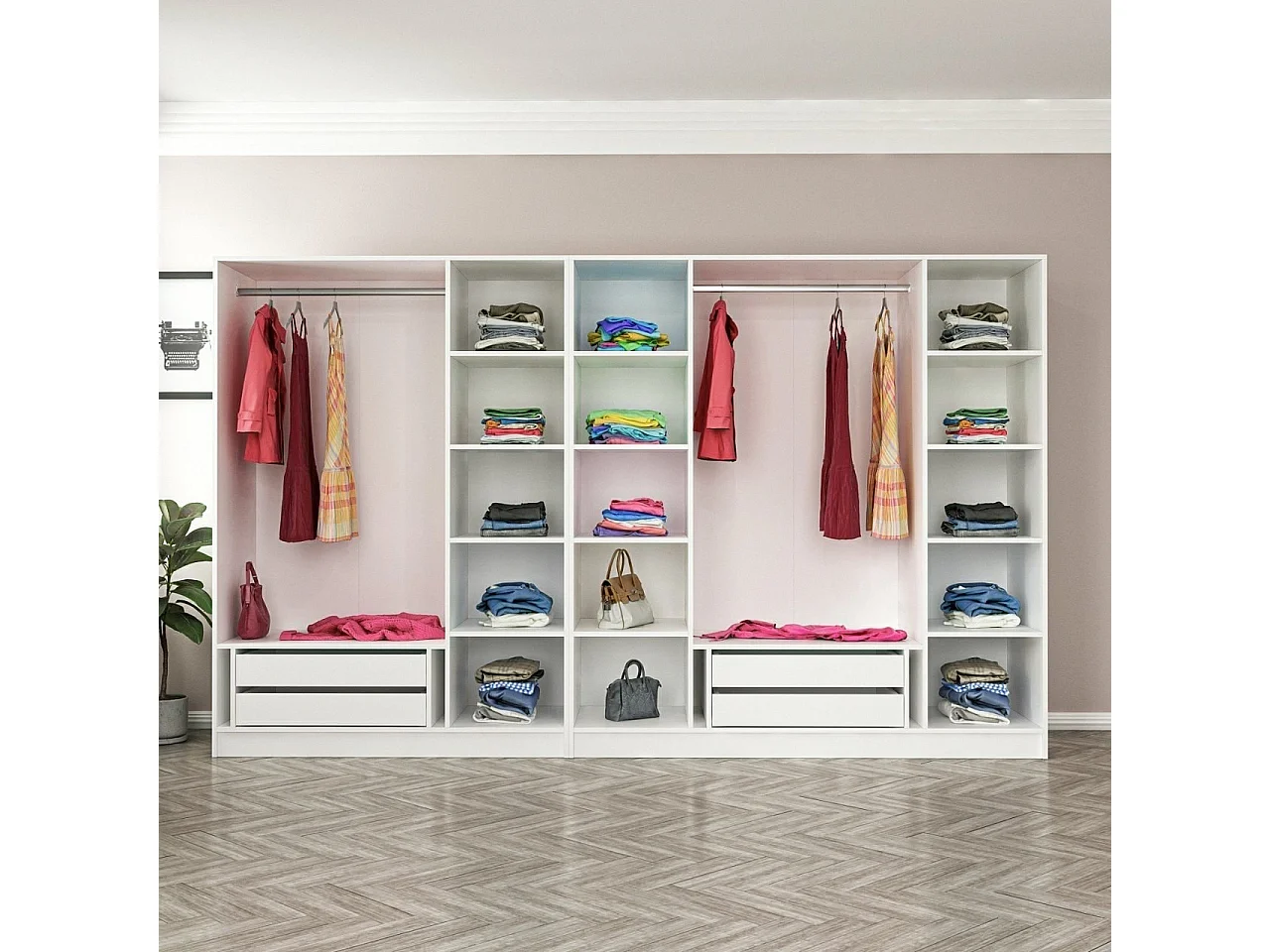 Dressing 7 portes Verre fumé Noir Antipaxos L315xH210cm 2 tringles et 4 tiroirs Blanc