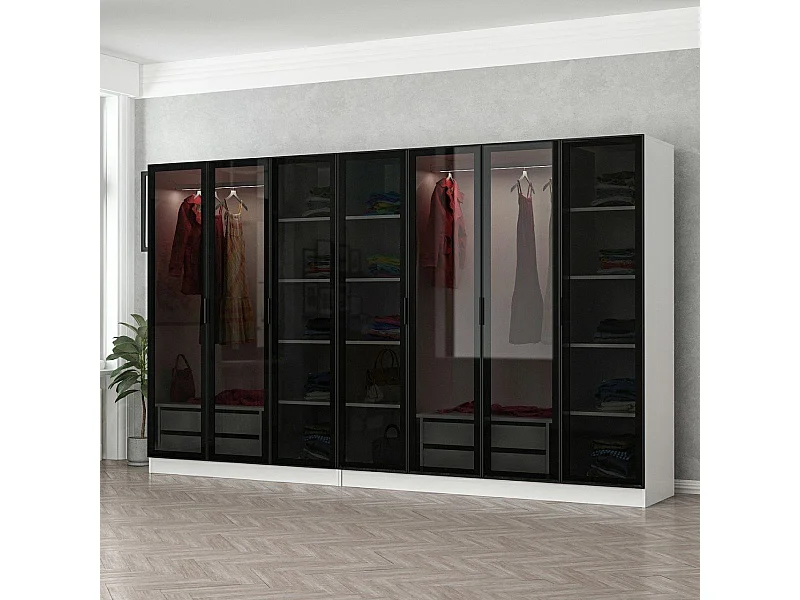 Dressing 7 portes Verre fumé Noir Antipaxos L315xH210cm 2 tringles et 4 tiroirs Blanc