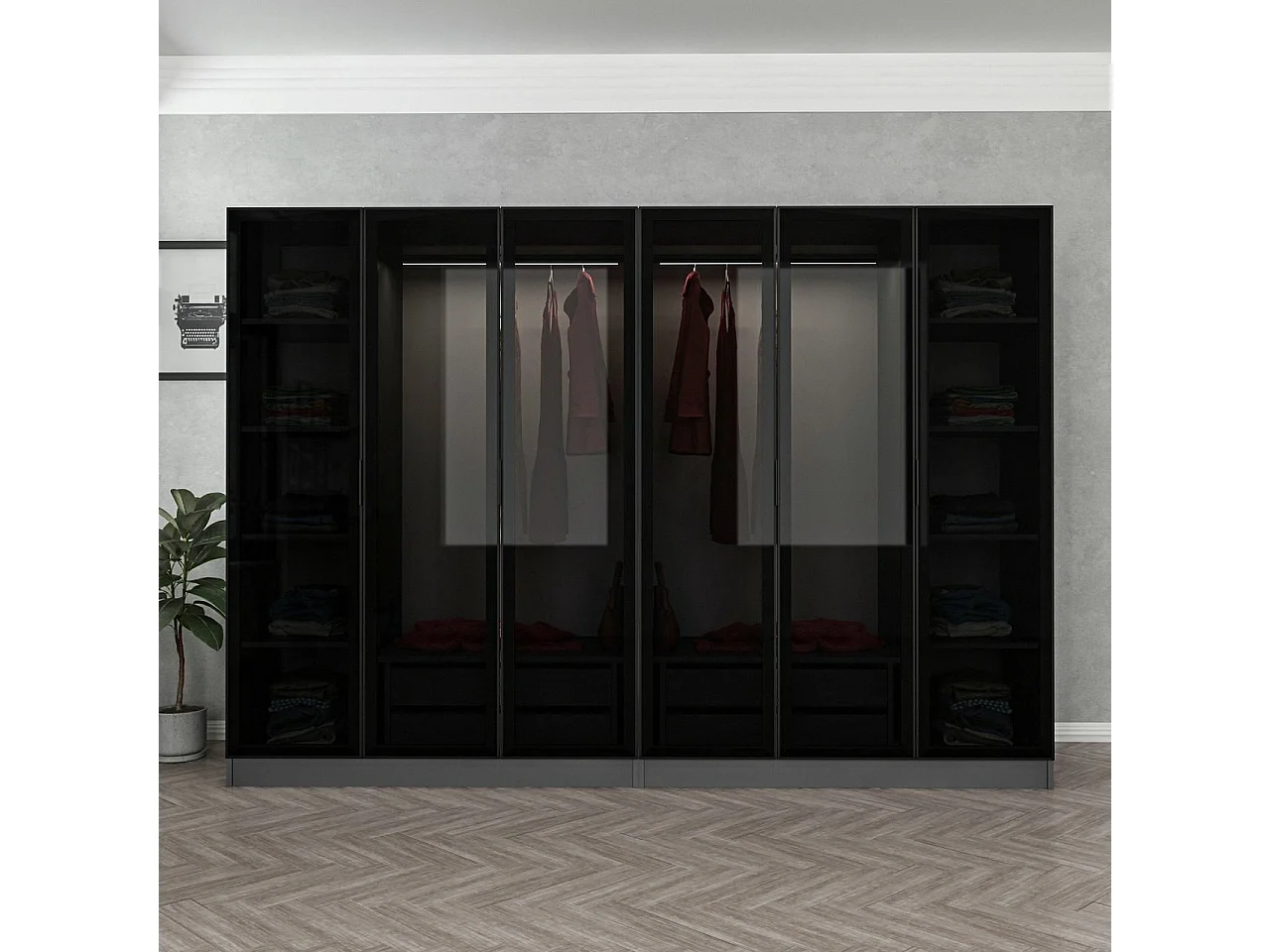 Dressing 6 portes Verre fumé Noir Antipaxos L270xH210cm 2 tringles et 4 tiroirs Anthracite