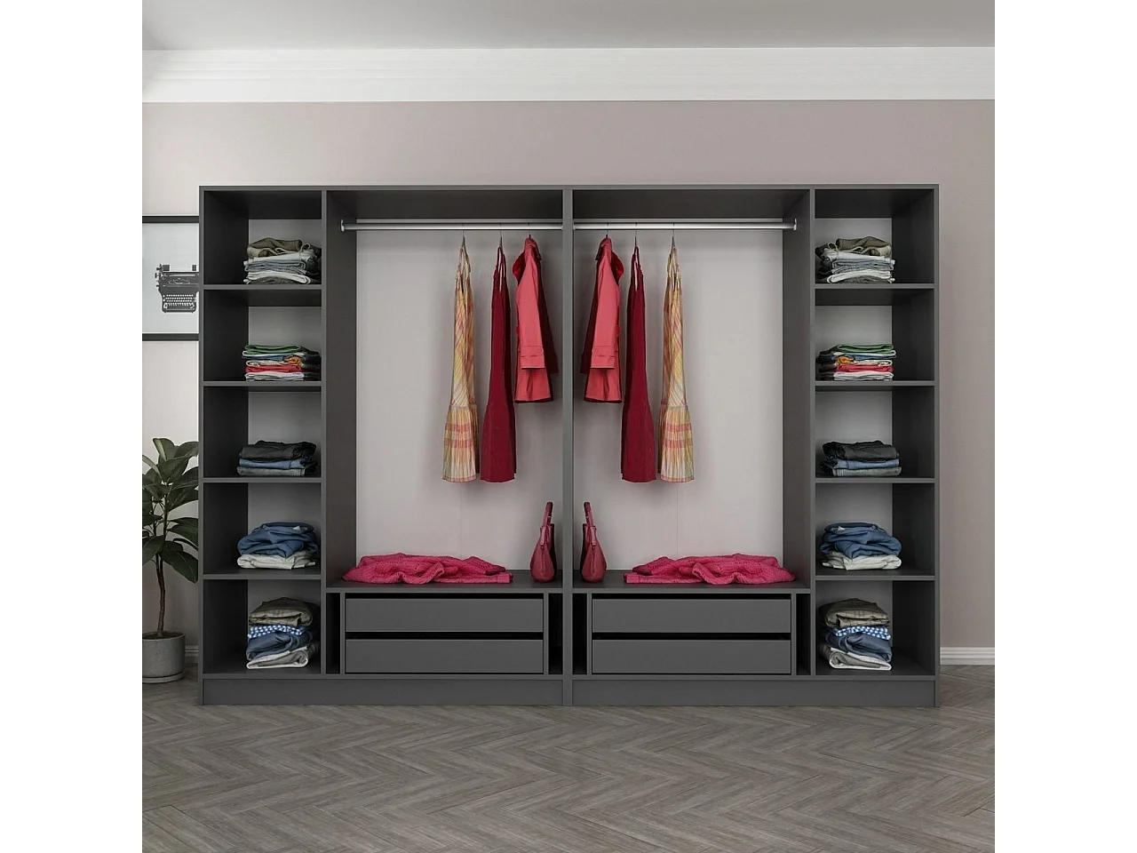 Dressing 6 portes Verre fumé Noir Antipaxos L270xH210cm 2 tringles et 4 tiroirs Anthracite