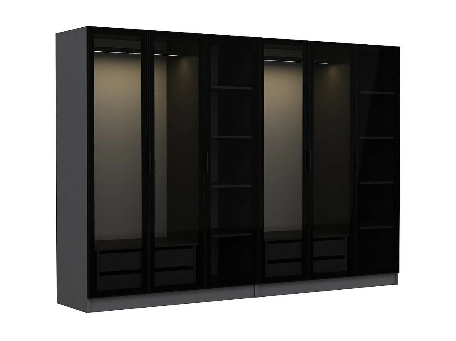 Dressing 6 portes Verre fumé Noir Antipaxos L270xH210cm 2 tringles et 4 tiroirs Anthracite
