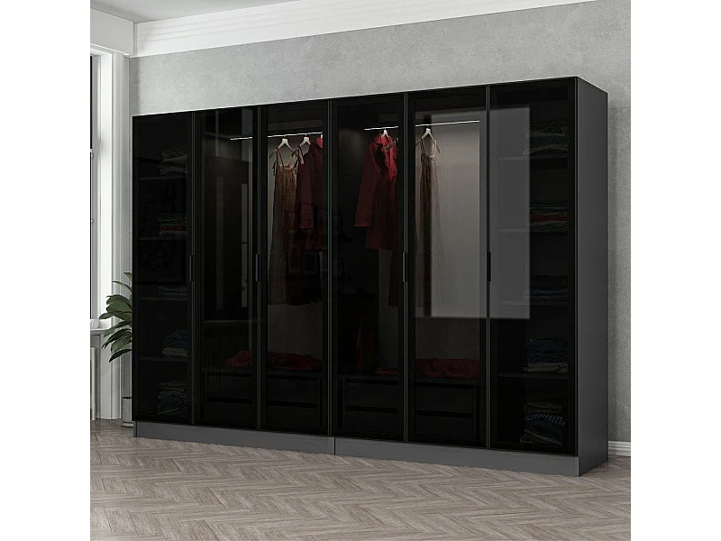Dressing 6 portes Verre fumé Noir Antipaxos L270xH210cm 2 tringles et 4 tiroirs Anthracite