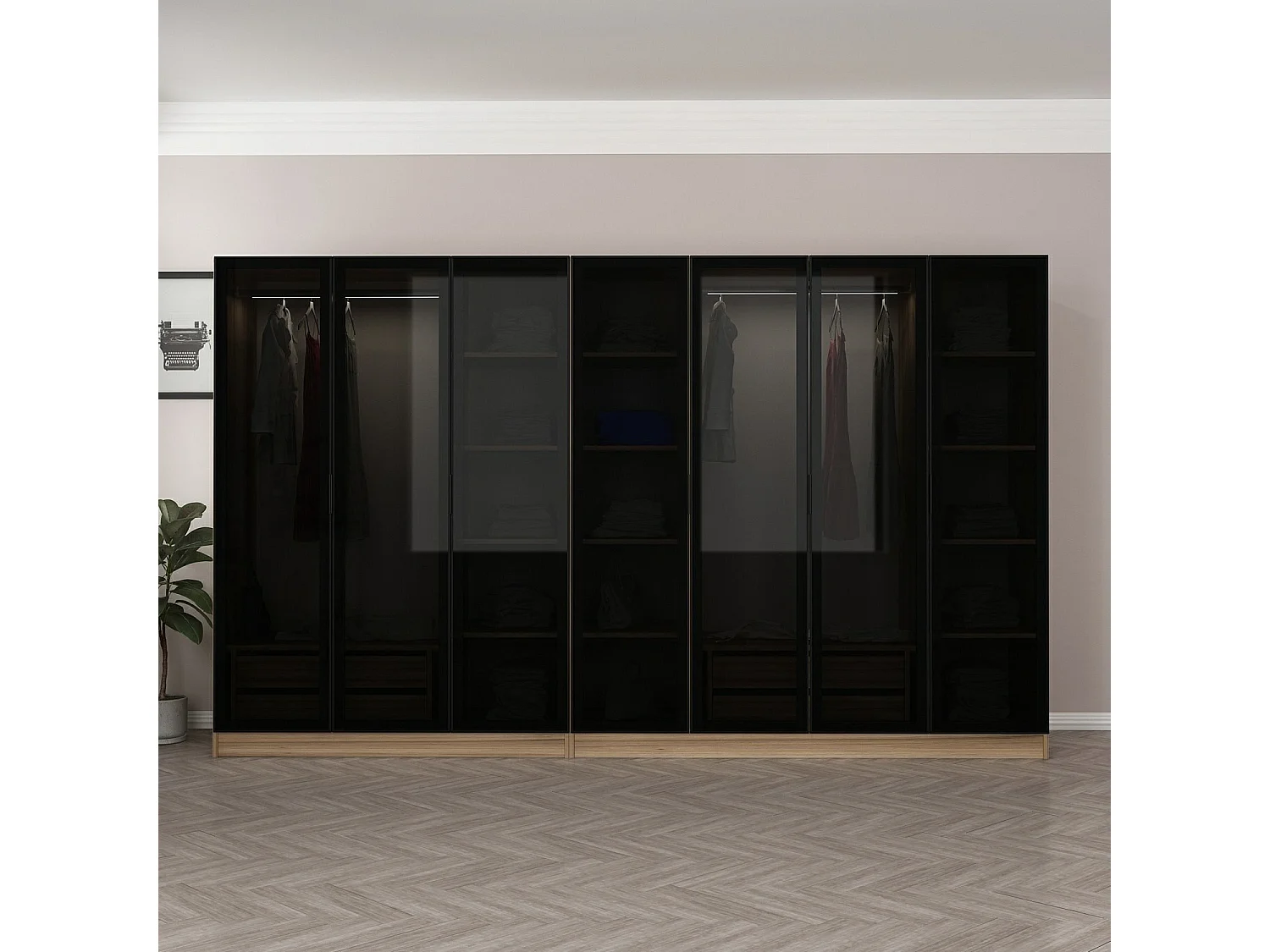 Dressing 7 portes Verre fumé Noir Antipaxos L315xH210cm 2 tringles et 4 tiroirs Bois clair