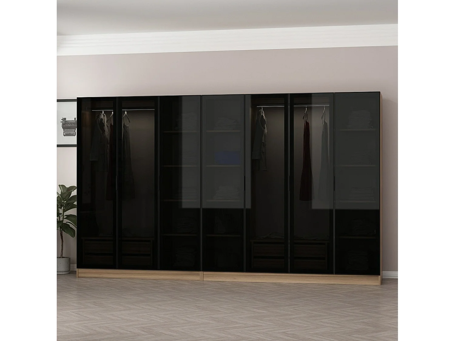 Dressing 7 portes Verre fumé Noir Antipaxos L315xH210cm 2 tringles et 4 tiroirs Bois clair