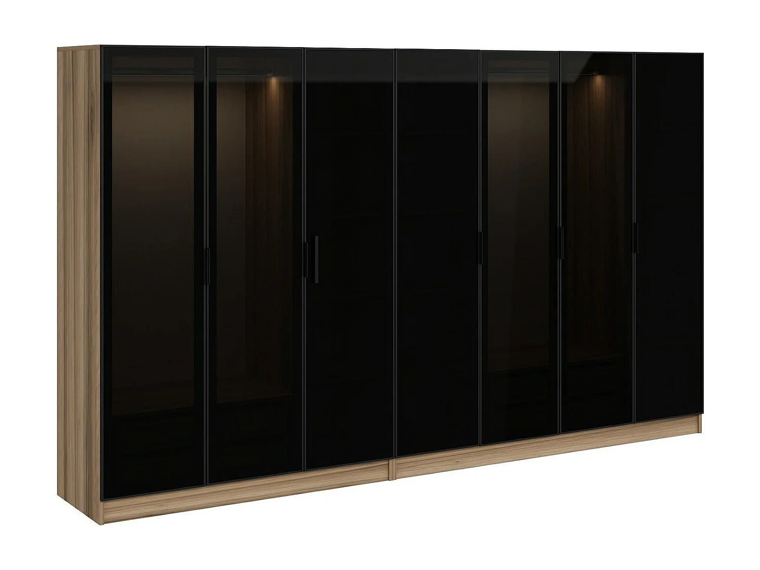 Dressing 7 portes Verre fumé Noir Antipaxos L315xH210cm 2 tringles et 4 tiroirs Bois clair