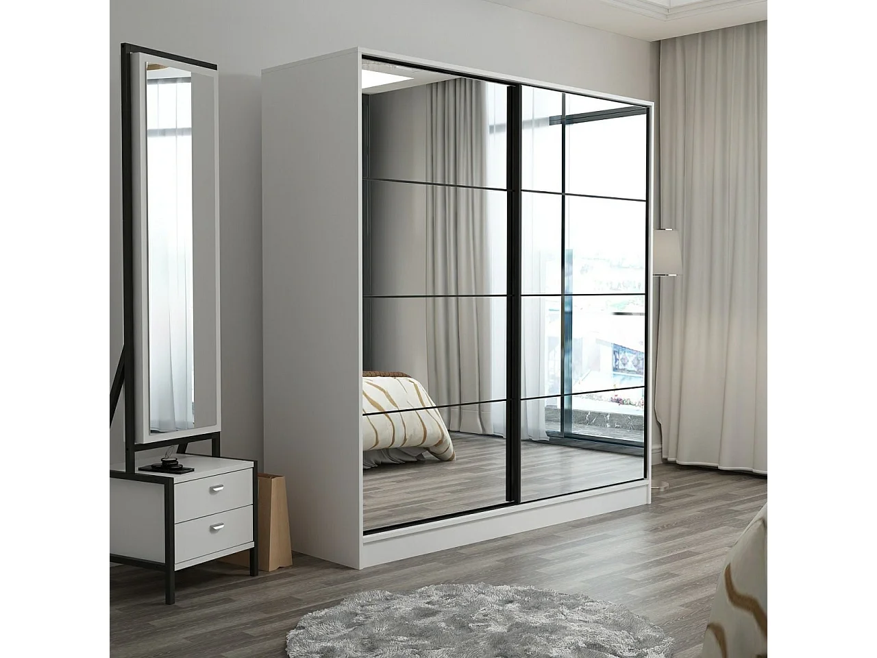 Dressing Carina Blanc L220xH210cm avec 2 portes coulissantes Miroir