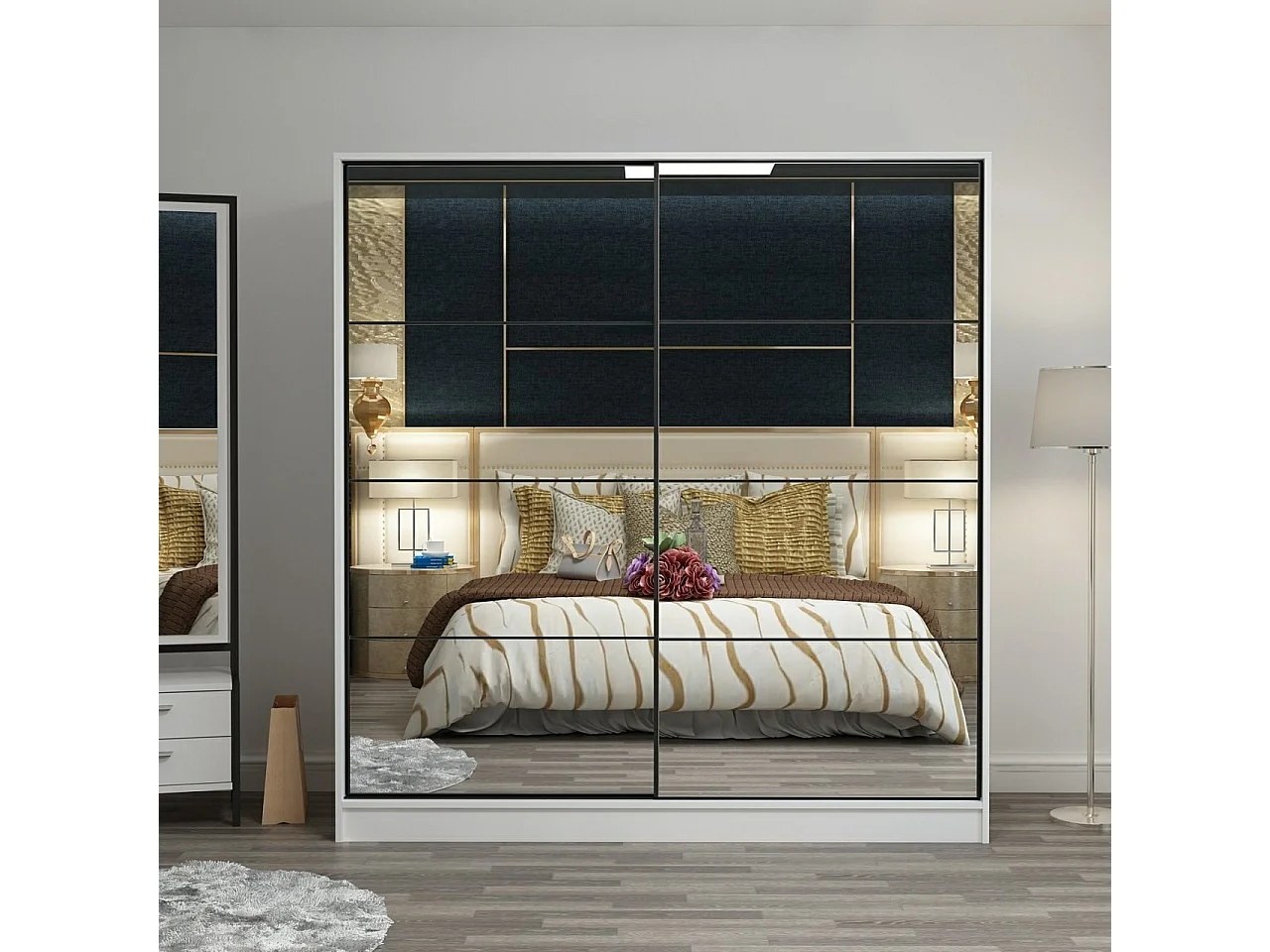 Dressing Carina Blanc L220xH210cm avec 2 portes coulissantes Miroir