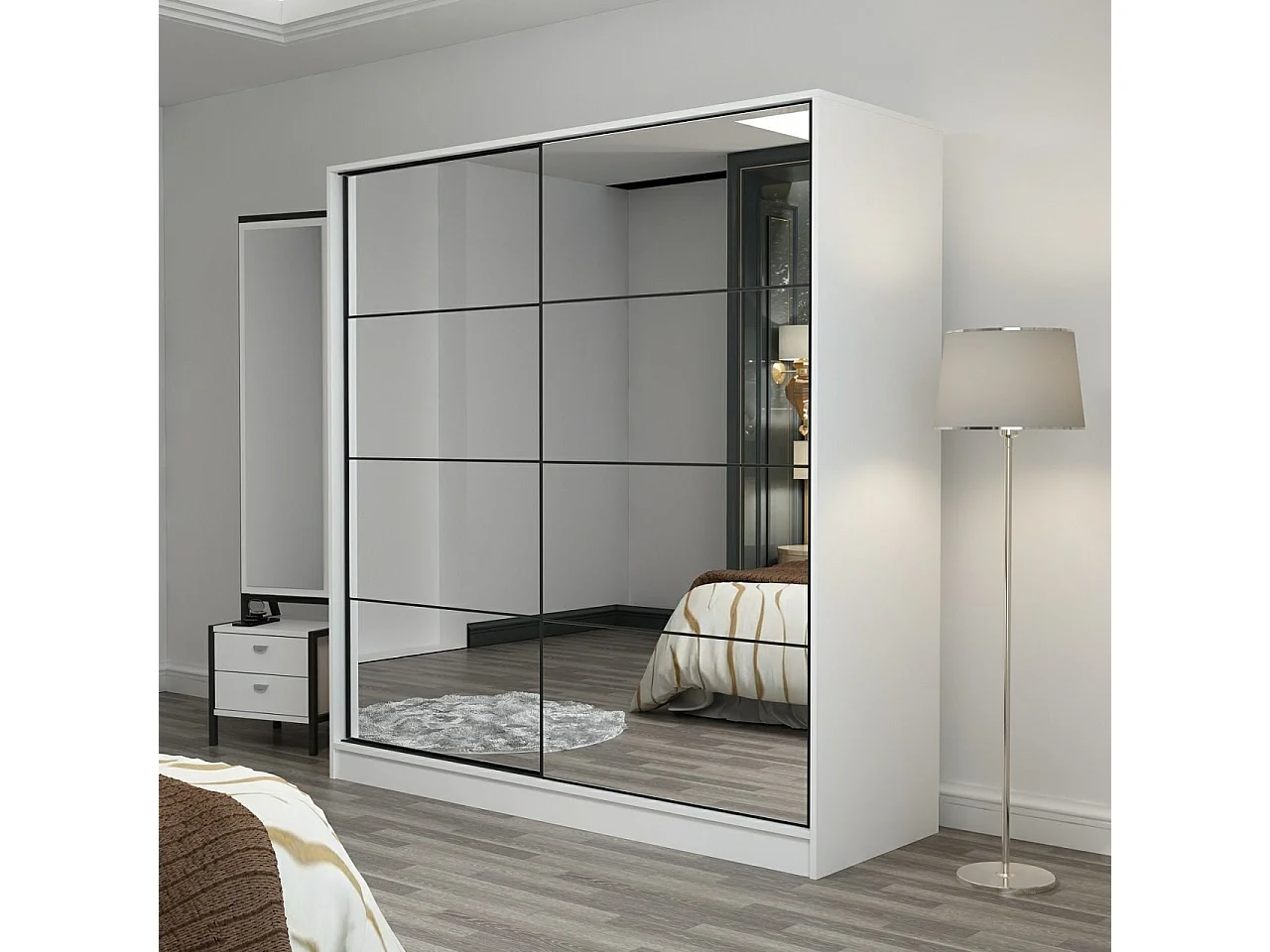 Dressing Carina Blanc L220xH210cm avec 2 portes coulissantes Miroir