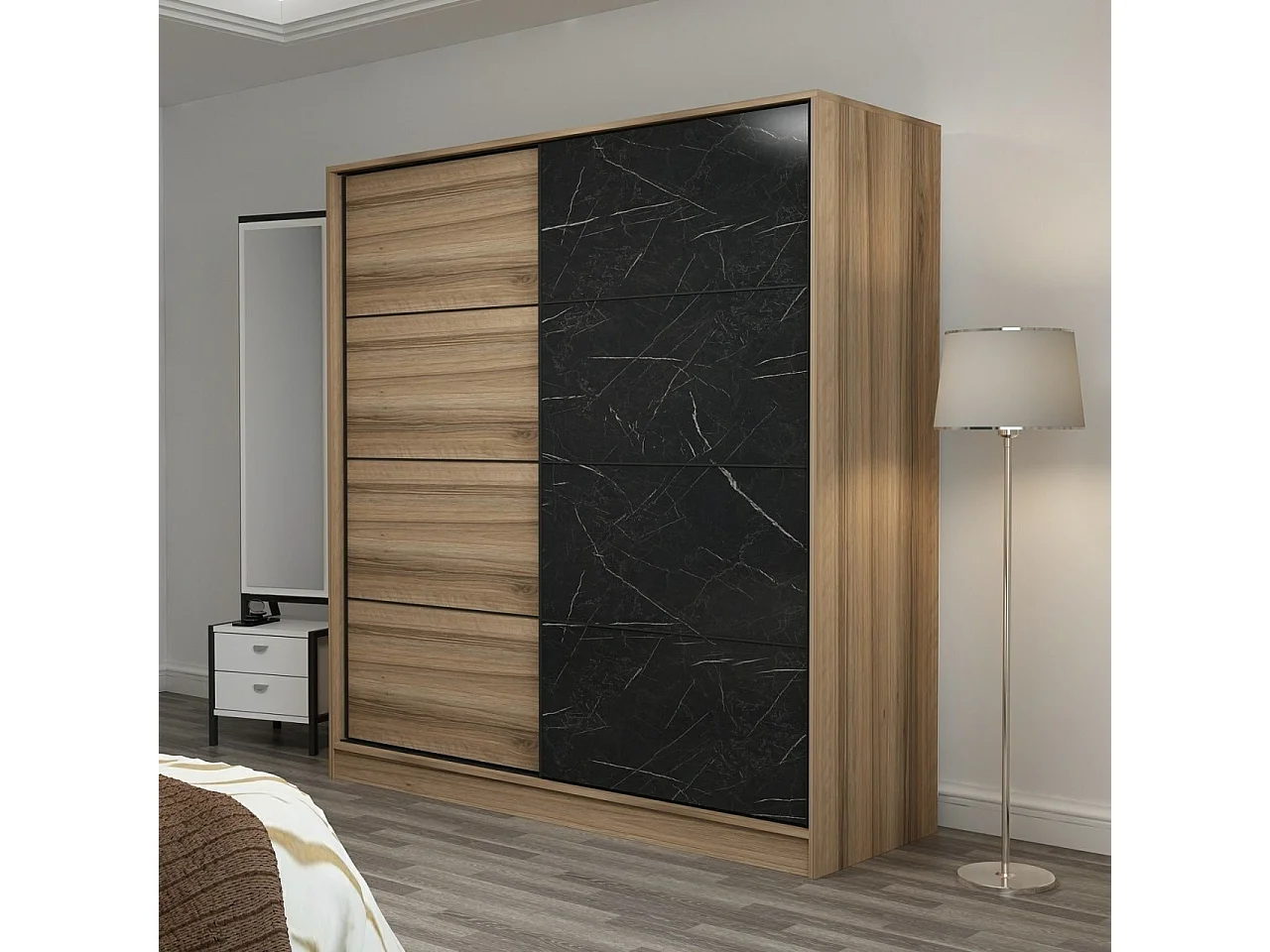 Guardaroba Kailua T103, Marmo nero|Quercia, 210x180x60cm, Porte guardaroba: Scorrevole