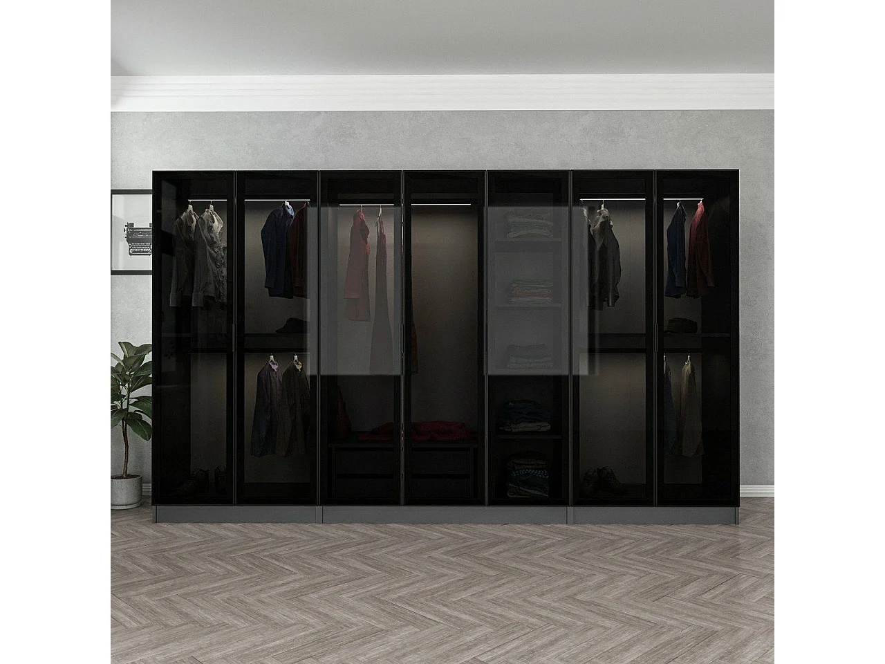 Dressing 7 portes Verre fumé Noir Antipaxos L315xH190cm 5 tringles et 2 tiroirs Anthracite