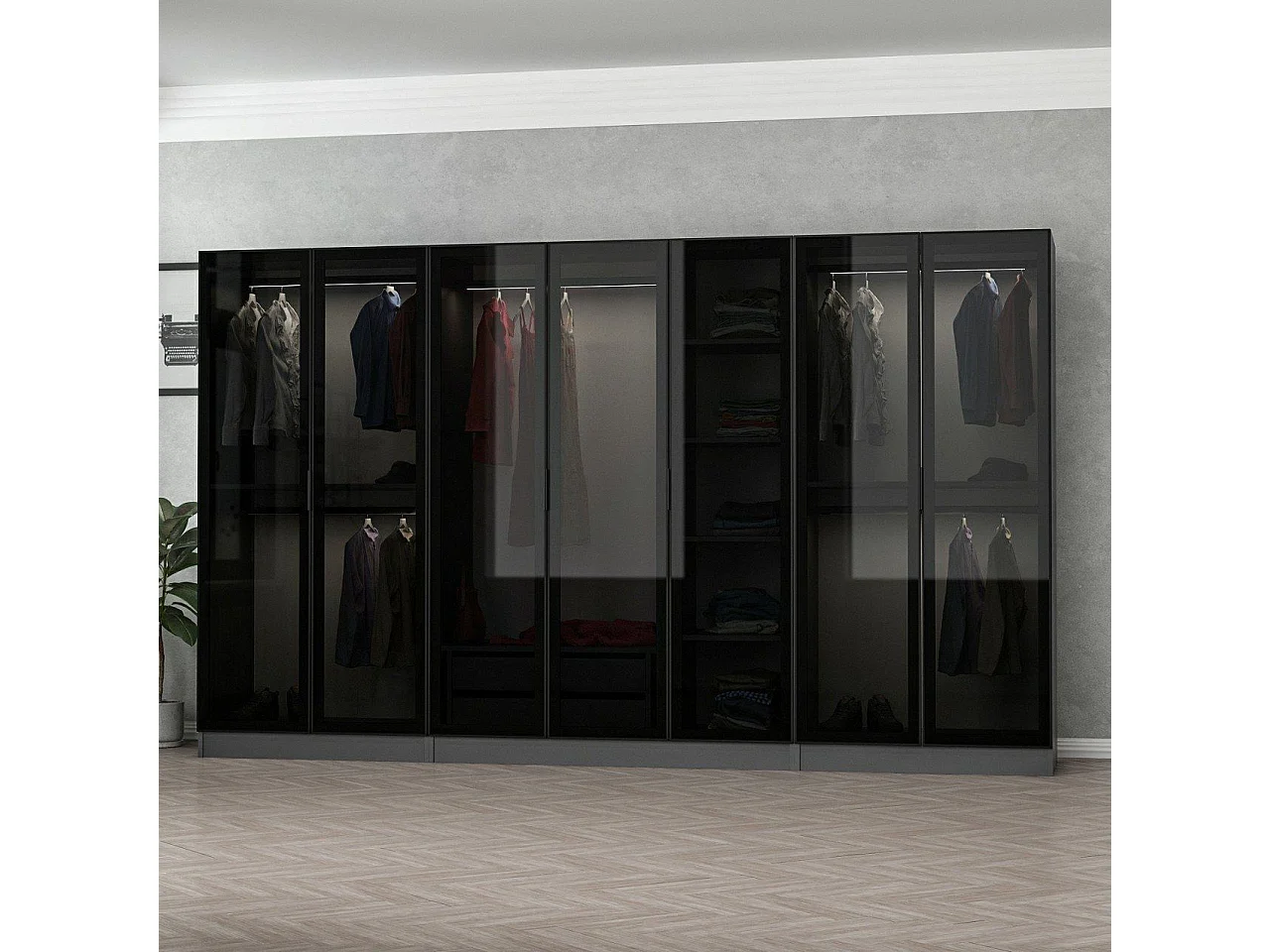 Dressing 7 portes Verre fumé Noir Antipaxos L315xH190cm 5 tringles et 2 tiroirs Anthracite