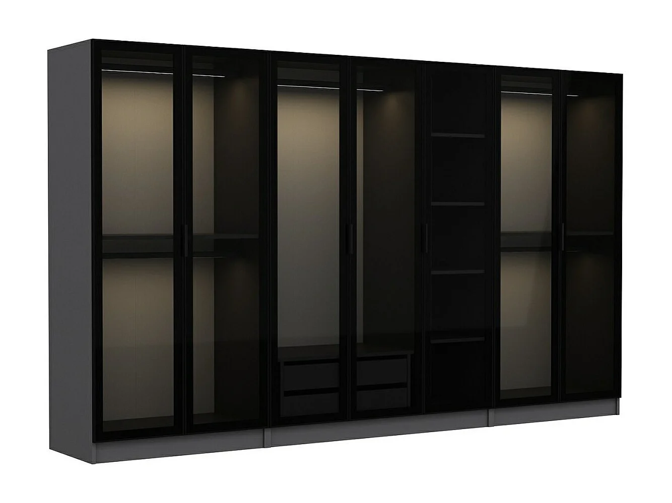 Dressing 7 portes Verre fumé Noir Antipaxos L315xH190cm 5 tringles et 2 tiroirs Anthracite