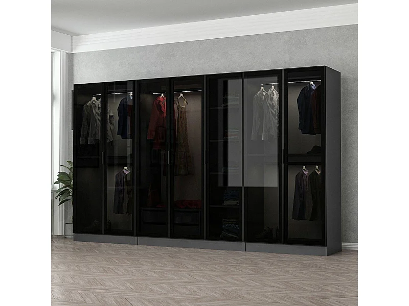 Dressing 7 portes Verre fumé Noir Antipaxos L315xH190cm 5 tringles et 2 tiroirs Anthracite