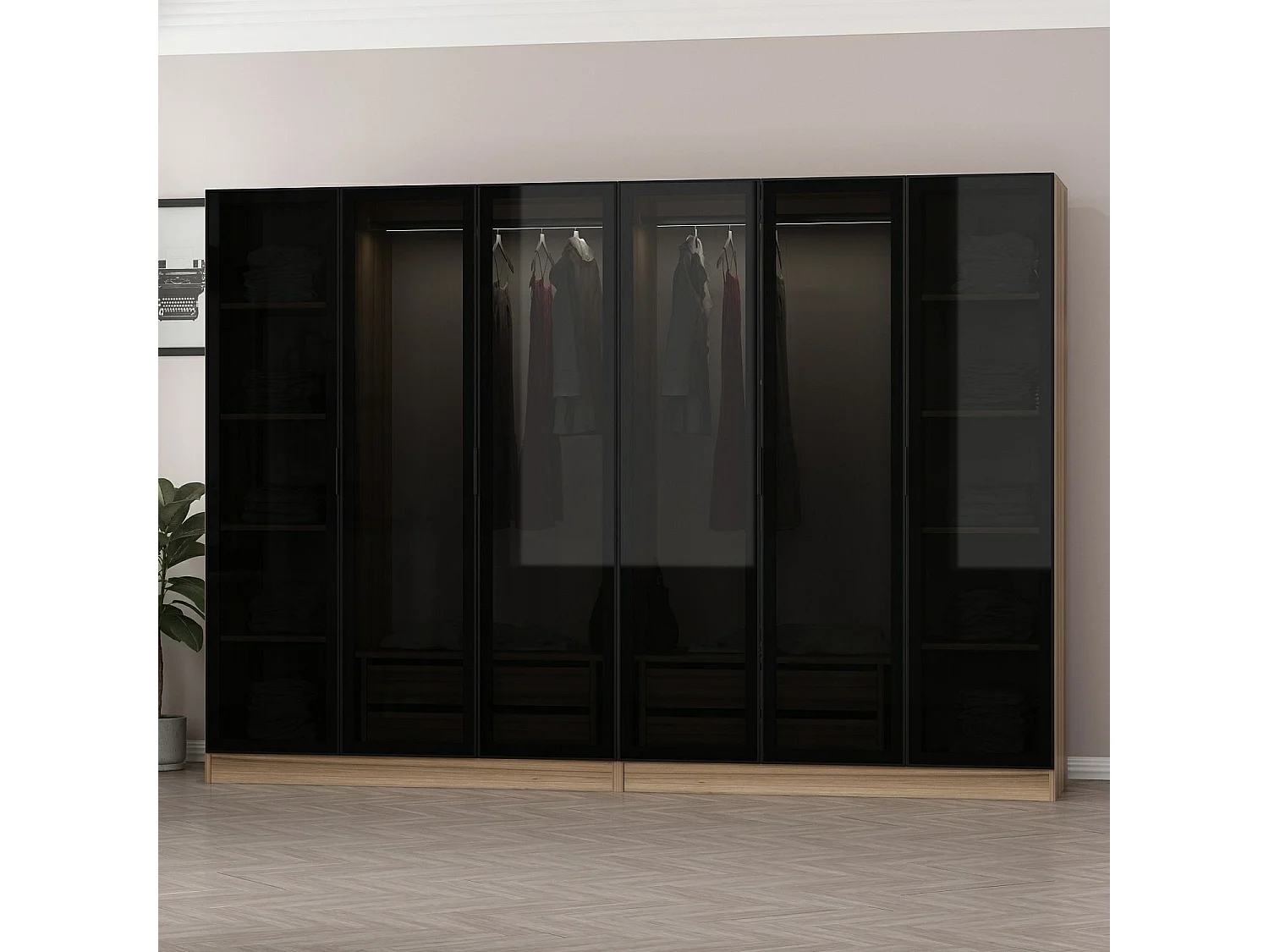 Dressing 6 portes Verre fumé Noir Antipaxos L270xH210cm 2 tringles et 4 tiroirs Bois clair