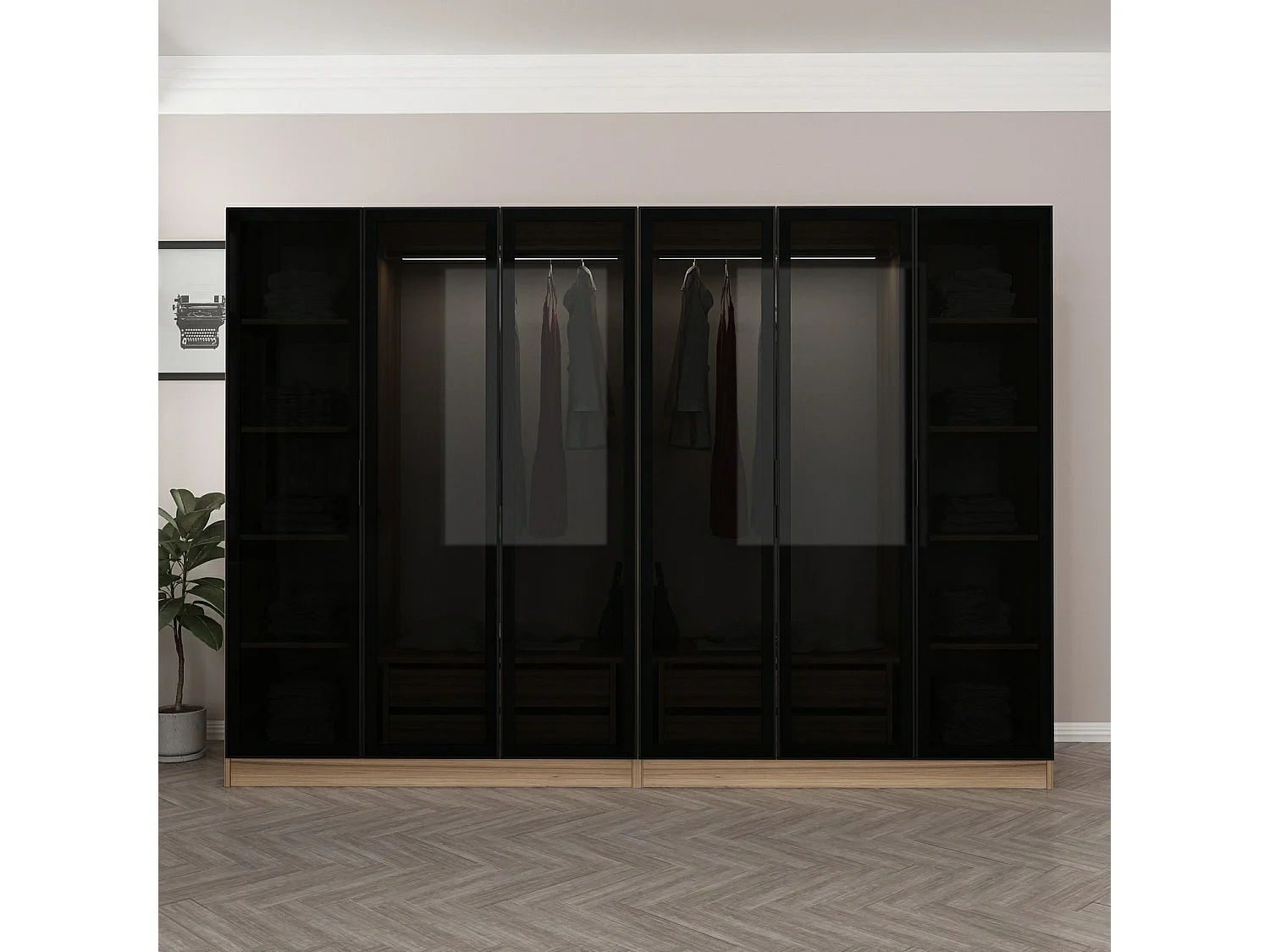Dressing 6 portes Verre fumé Noir Antipaxos L270xH210cm 2 tringles et 4 tiroirs Bois clair