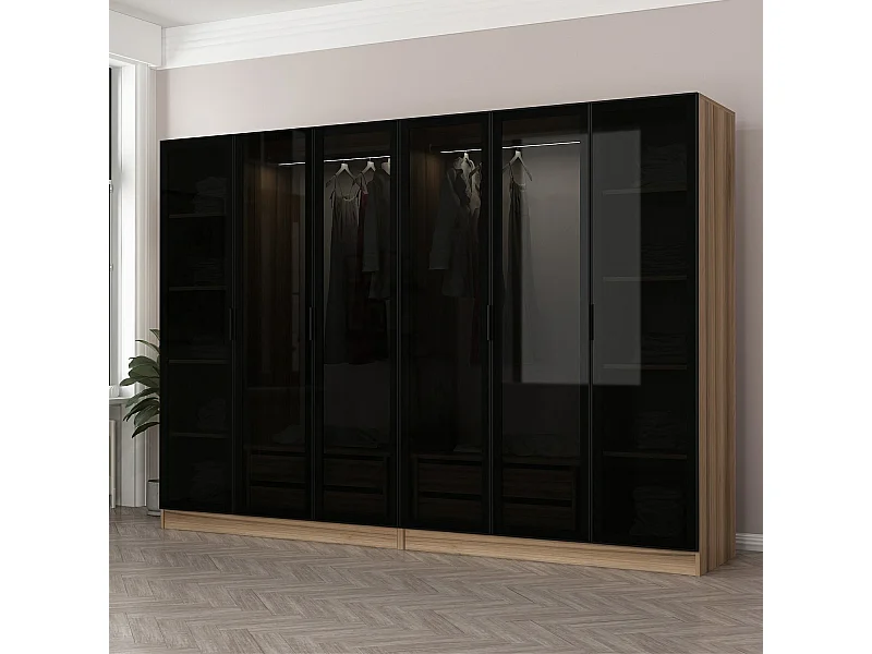 Dressing 6 portes Verre fumé Noir Antipaxos L270xH210cm 2 tringles et 4 tiroirs Bois clair