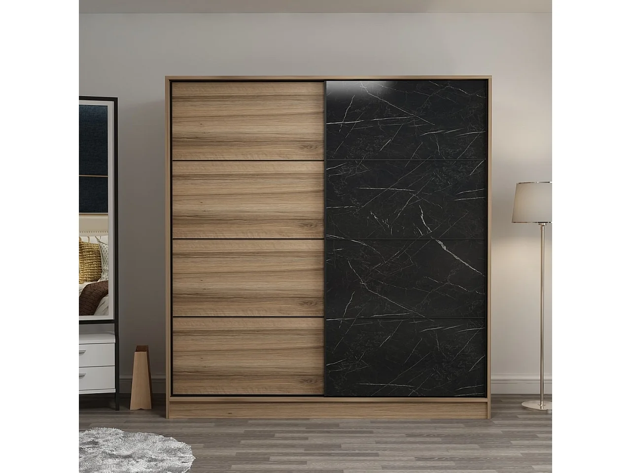 Dressing Carina L220xH210cm avec 2 portes coulissantes Bois clair et Effet marbre Noir