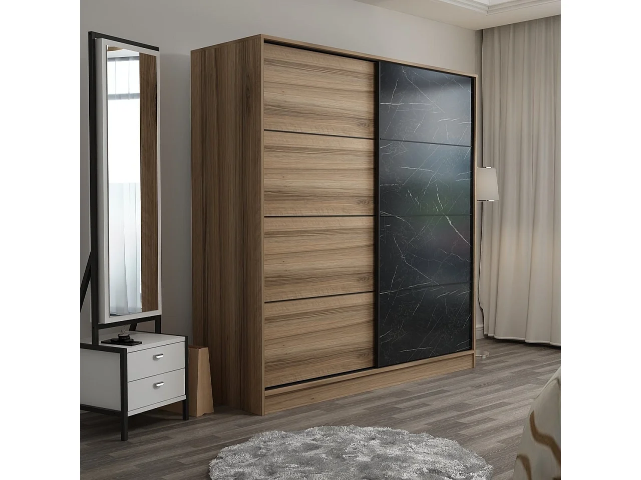 Dressing Carina L220xH210cm avec 2 portes coulissantes Bois clair et Effet marbre Noir