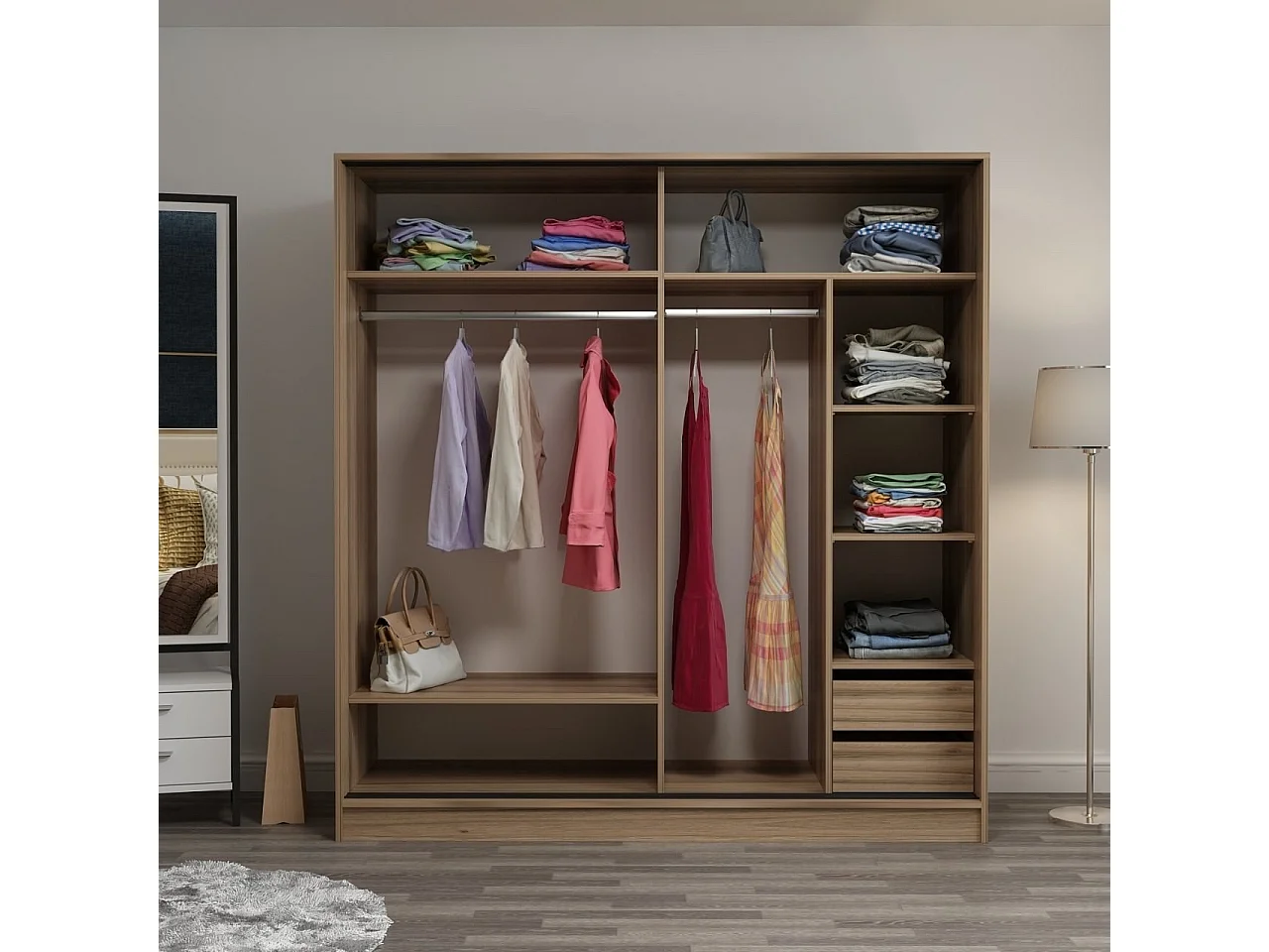 Dressing Carina L220xH210cm avec 2 portes coulissantes Bois clair et Effet marbre Noir