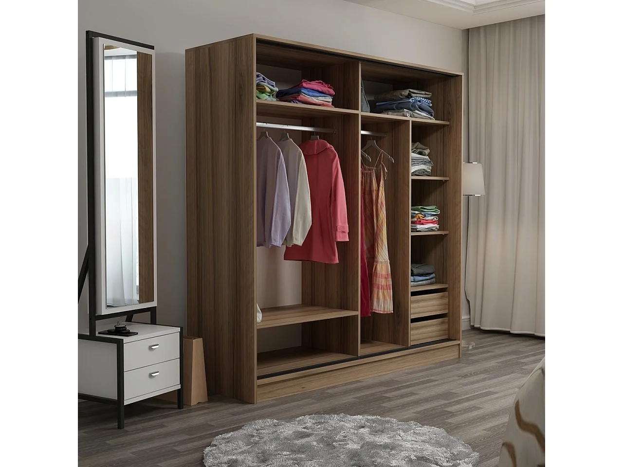 Dressing Carina L220xH210cm avec 2 portes coulissantes Bois clair et Effet marbre Noir