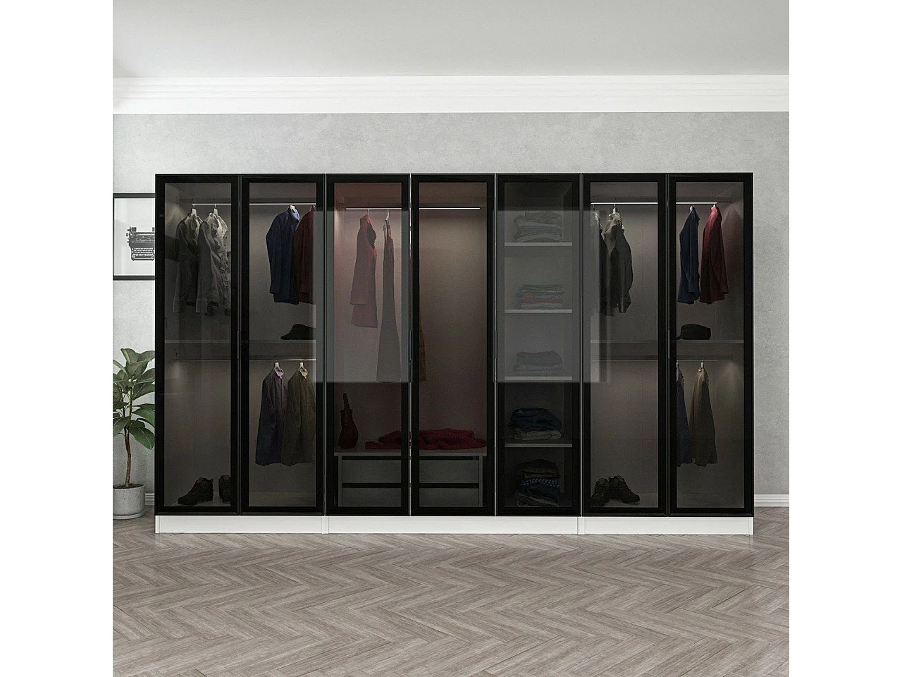 Dressing 7 portes Verre fumé Noir Antipaxos L315xH190cm 5 tringles et 2 tiroirs Anthracite Blanc