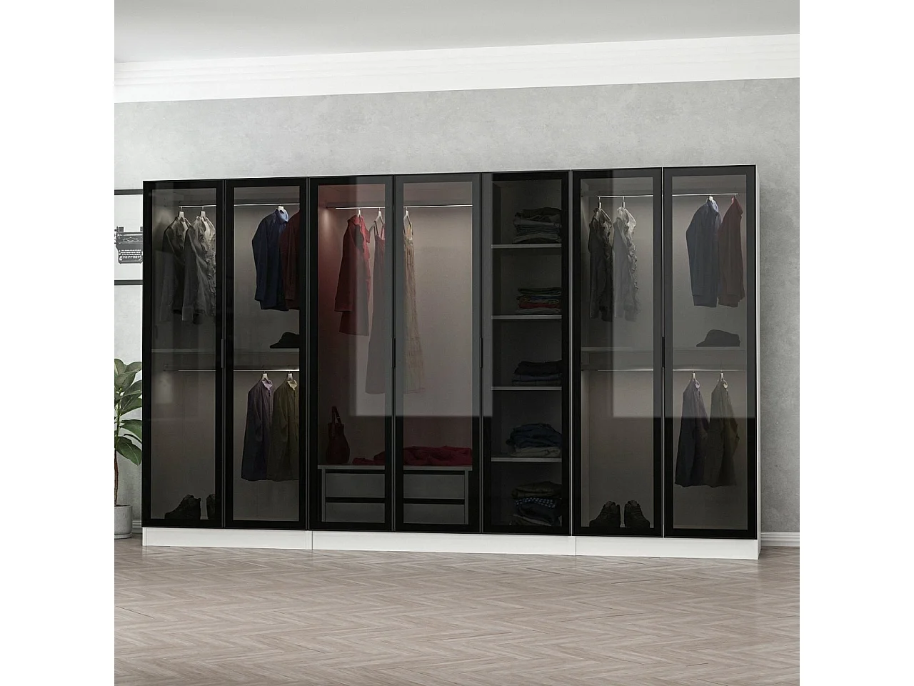 Dressing 7 portes Verre fumé Noir Antipaxos L315xH190cm 5 tringles et 2 tiroirs Anthracite Blanc