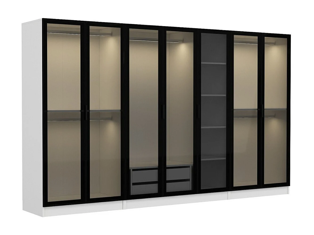 Dressing 7 portes Verre fumé Noir Antipaxos L315xH190cm 5 tringles et 2 tiroirs Anthracite Blanc