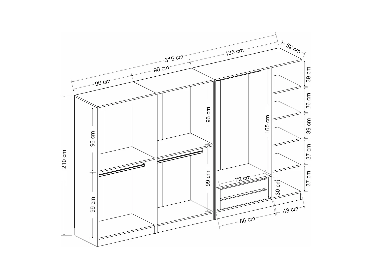 Armario Kale-6639 blanco negro 315x210x52 cm