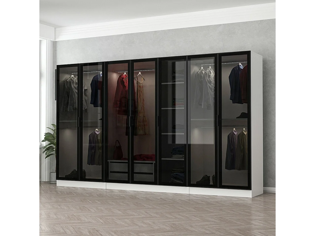 Dressing 7 portes Verre fumé Noir Antipaxos L315xH210cm 4 tringles et 2 tiroirs Blanc