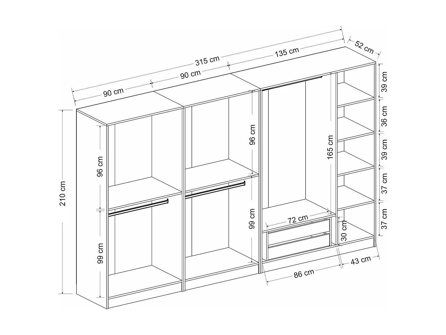 Dressing 7 portes Verre fumé Noir Antipaxos L315xH210cm 4 tringles et 2 tiroirs Blanc