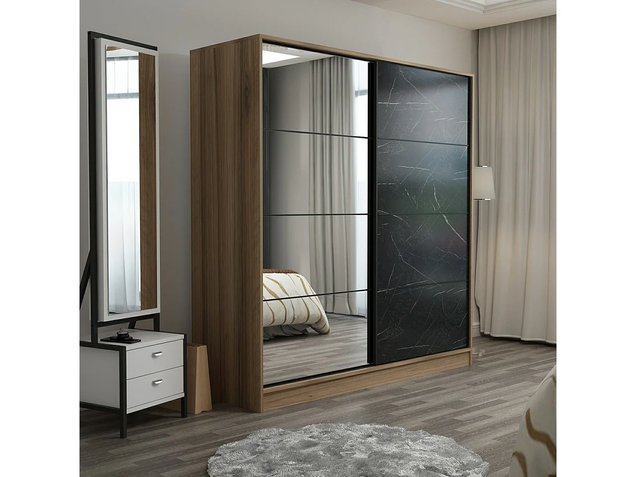 Guardaroba Kailua T104, Marmo nero|Quercia, 210x180x60cm, Porte guardaroba: Scorrevole