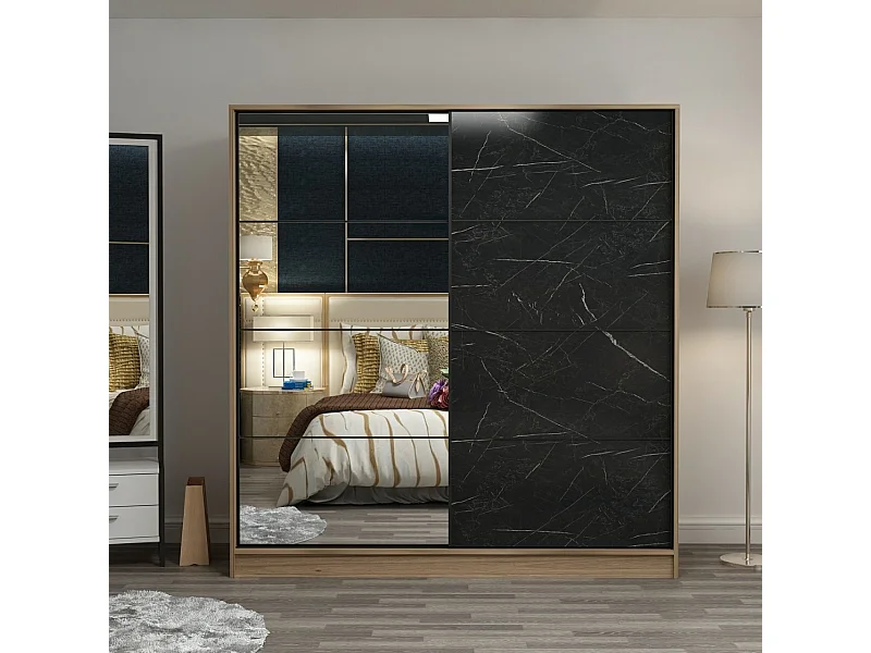 Dressing Carina Bois clair L180xH210cm avec 2 portes coulissantes Miroir à gauche et Effet marbre noir