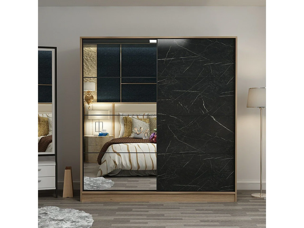 Armario Kailua L333, Mármol negro|Roble, 190x180x60cm, Puertas de armario: Correderas