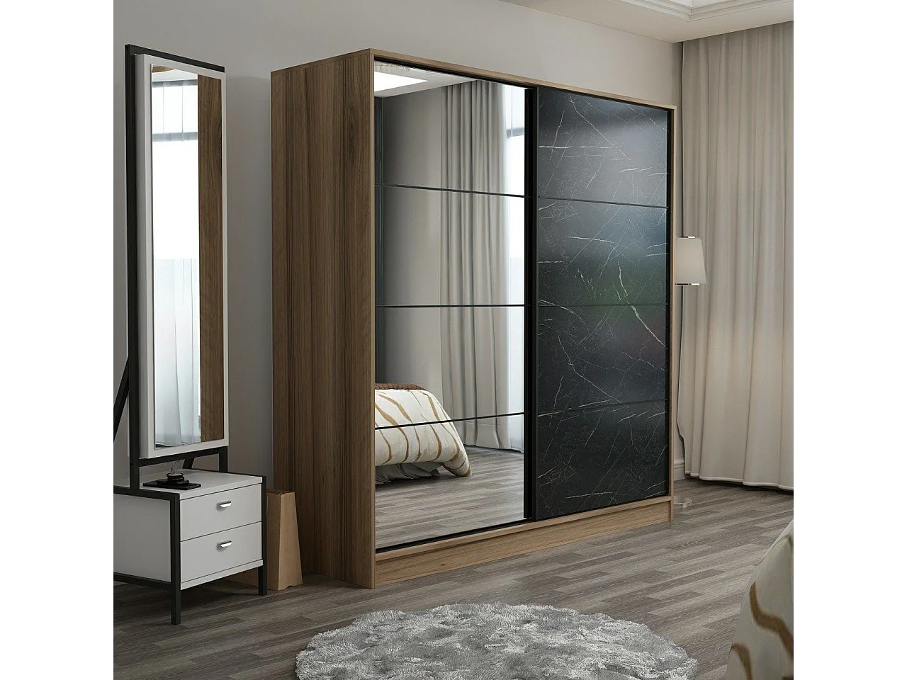 Guardaroba Kailua L333, Quercia|Marmo nero, 190x180x60cm, Porte guardaroba: Scorrevole