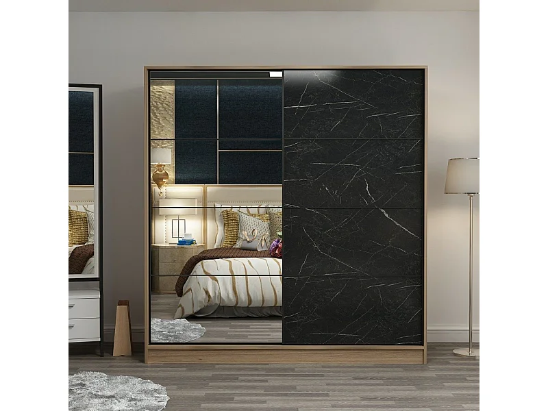 Guardaroba Kailua L333, Quercia|Marmo nero, 190x180x60cm, Porte guardaroba: Scorrevole