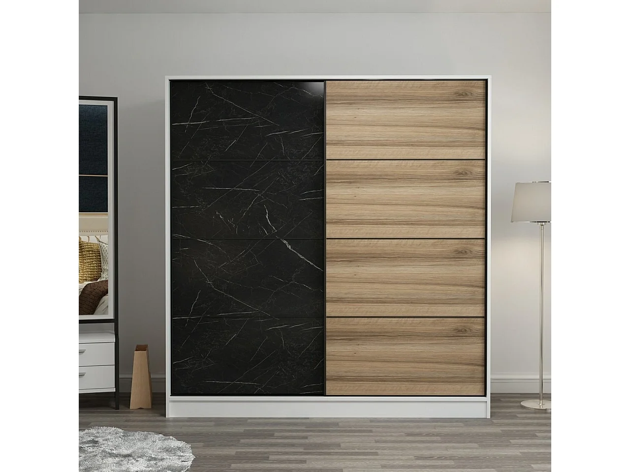 Dressing Carina Blanc L180xH210cm avec 2 portes coulissantes Effet marbre noir et Bois clair