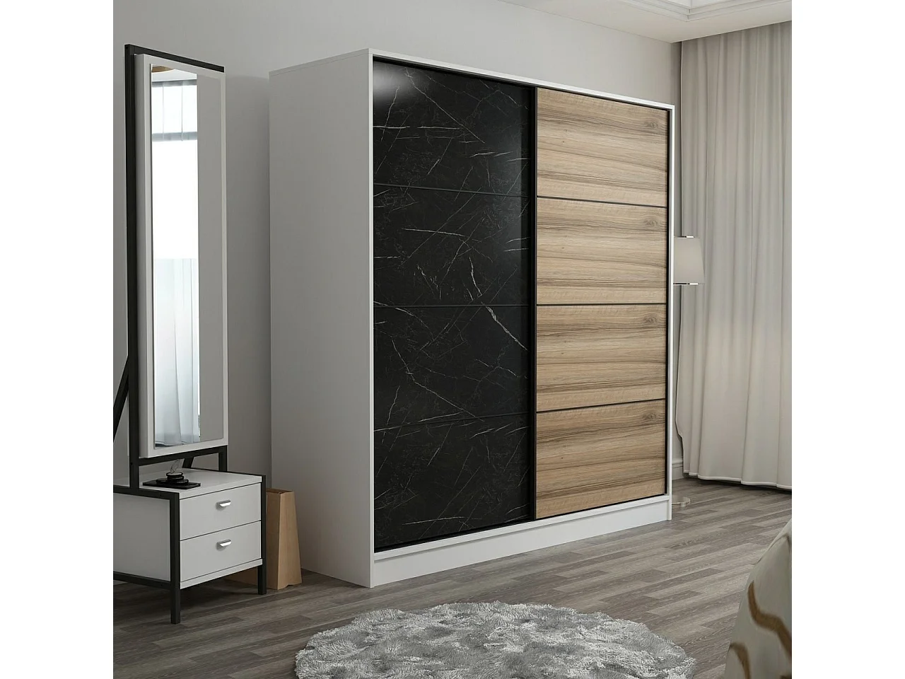 Dressing Carina Blanc L180xH210cm avec 2 portes coulissantes Effet marbre noir et Bois clair