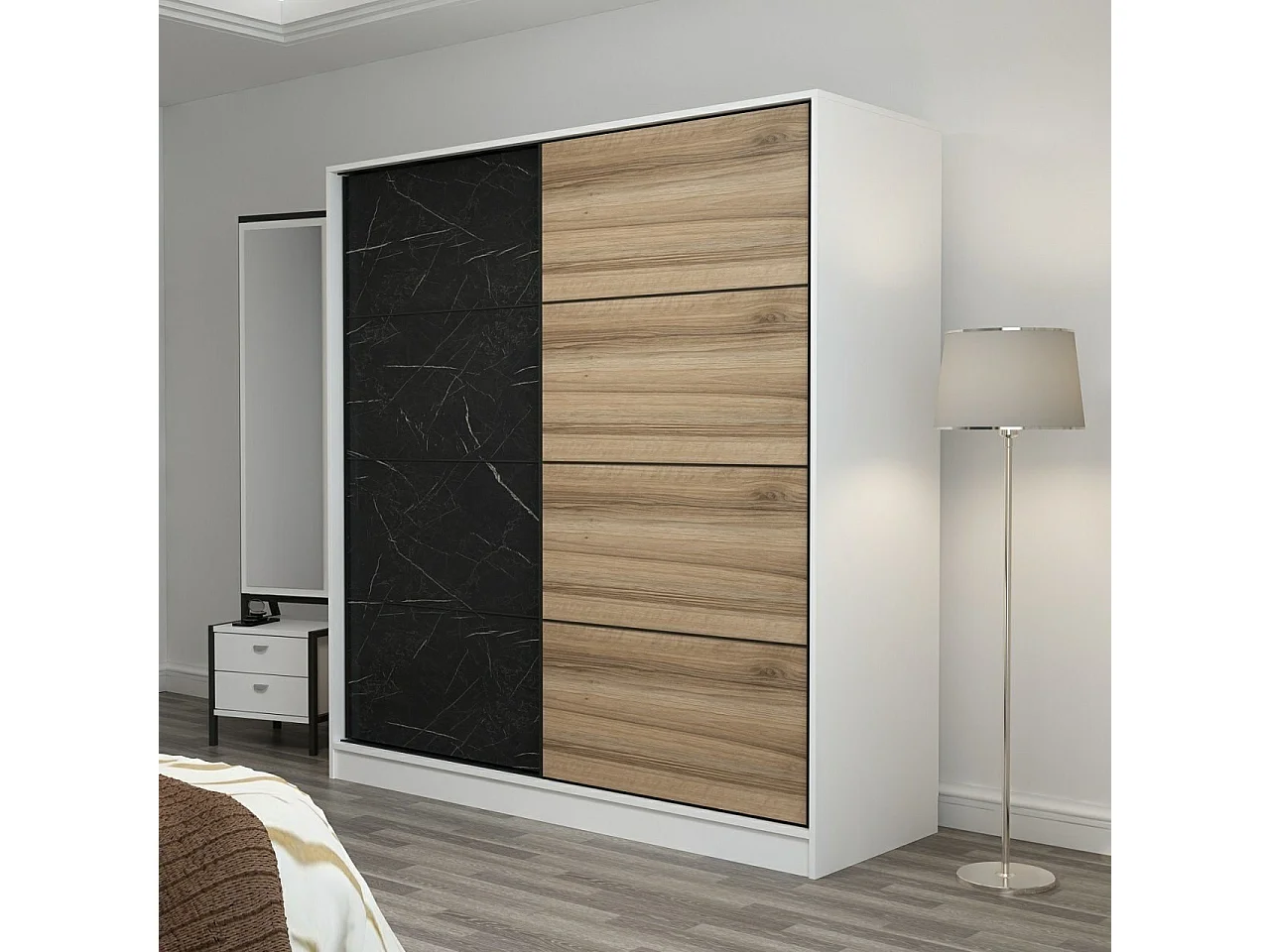 Dressing Carina Blanc L180xH210cm avec 2 portes coulissantes Effet marbre noir et Bois clair