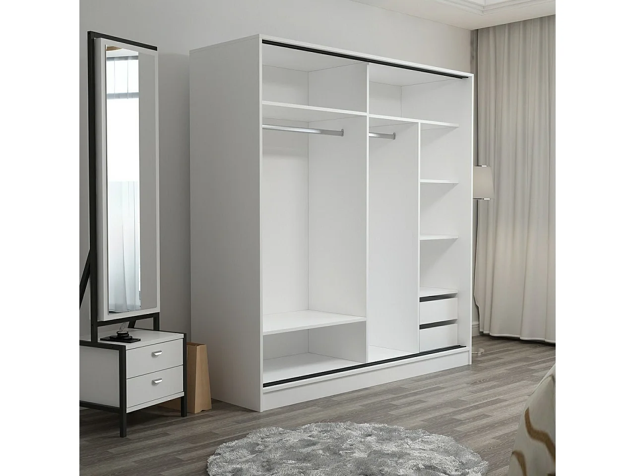 Dressing Carina Blanc L180xH210cm avec 2 portes coulissantes Effet marbre noir et Bois clair