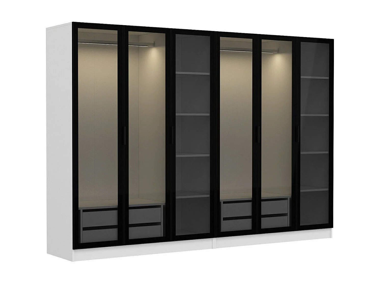 Dressing 6 portes Verre fumé Noir Antipaxos L270xH210cm 2 tringles et 4 tiroirs Blanc