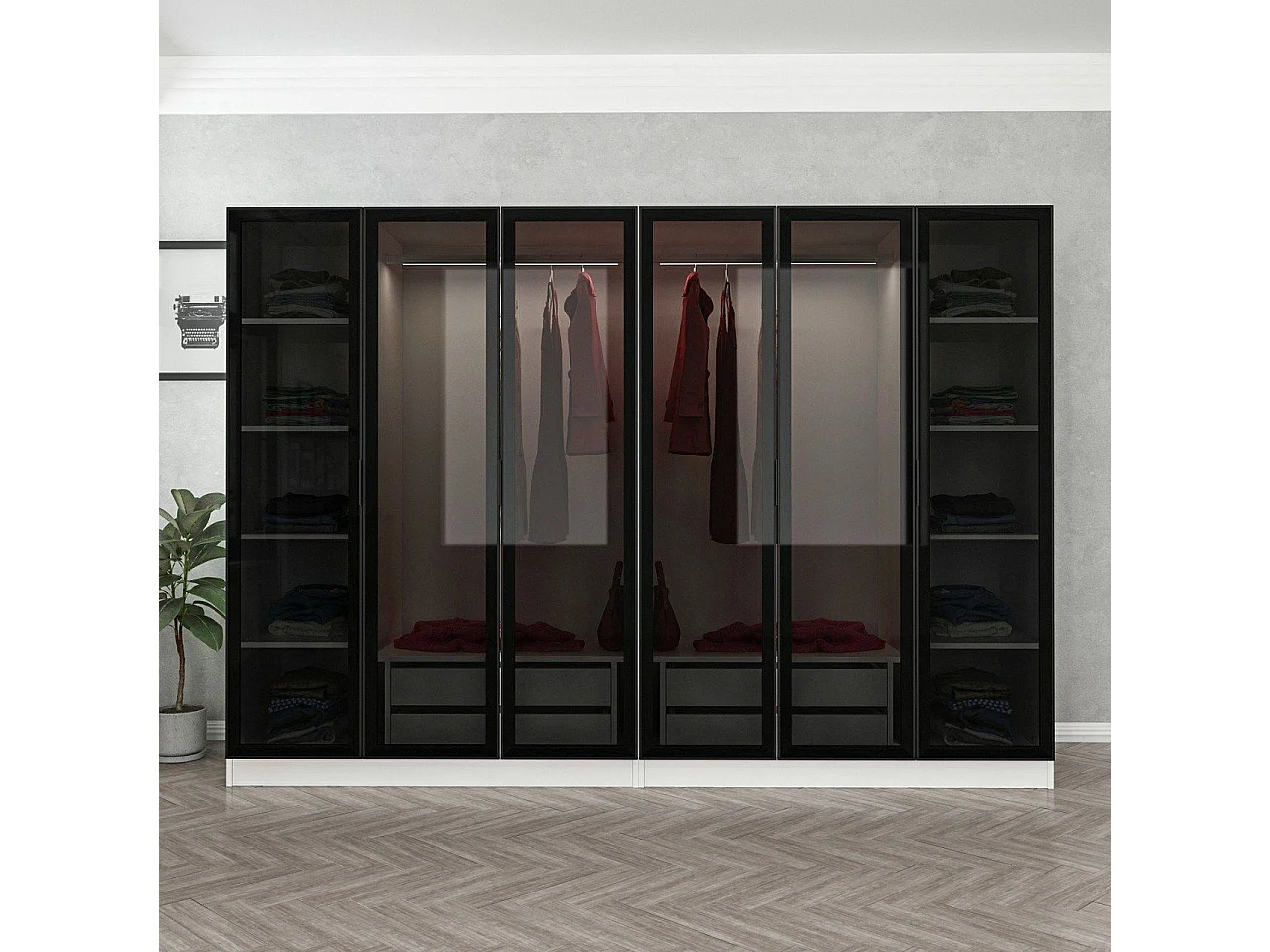 Dressing 6 portes Verre fumé Noir Antipaxos L270xH210cm 2 tringles et 4 tiroirs Blanc