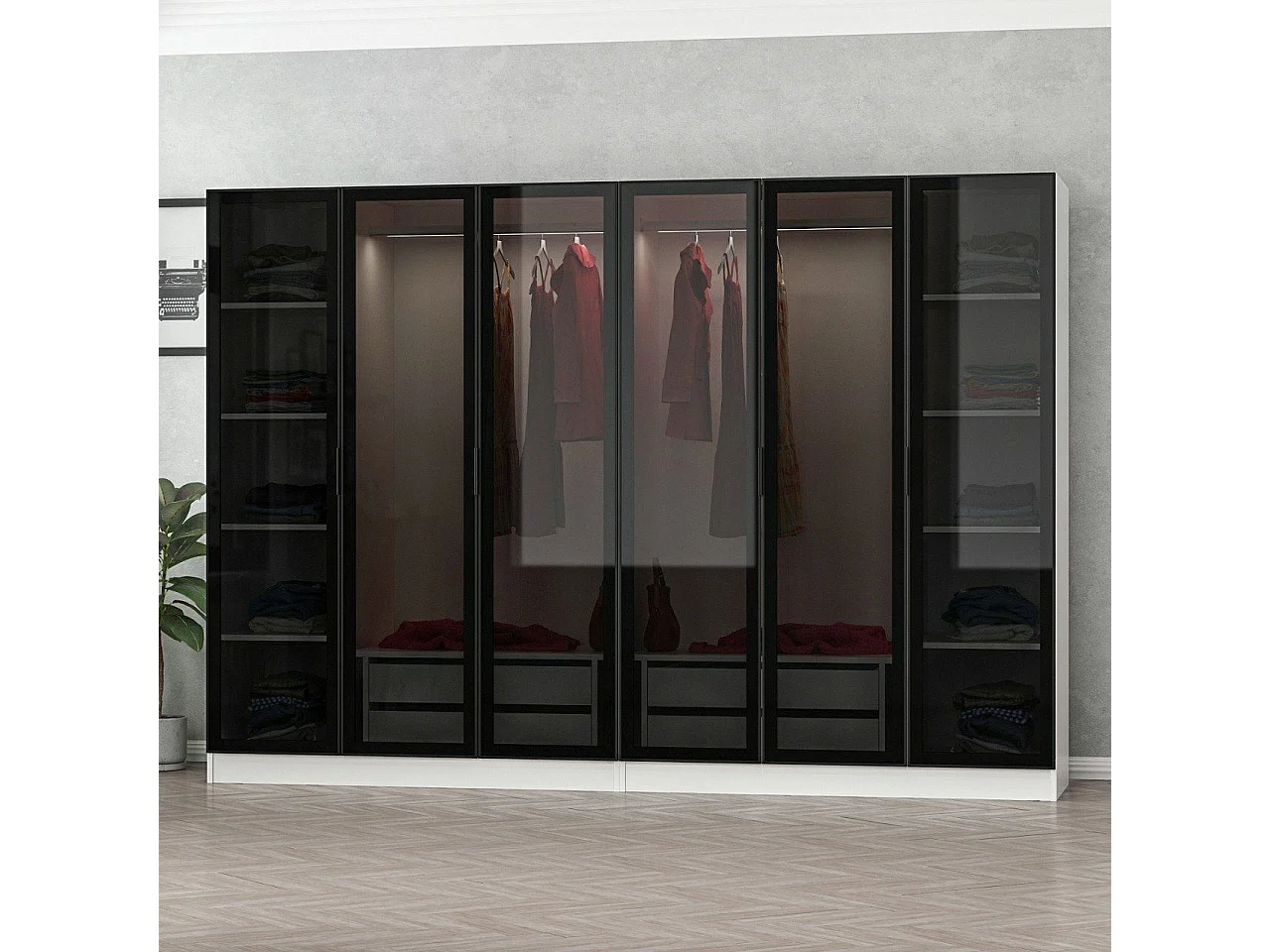 Dressing 6 portes Verre fumé Noir Antipaxos L270xH210cm 2 tringles et 4 tiroirs Blanc