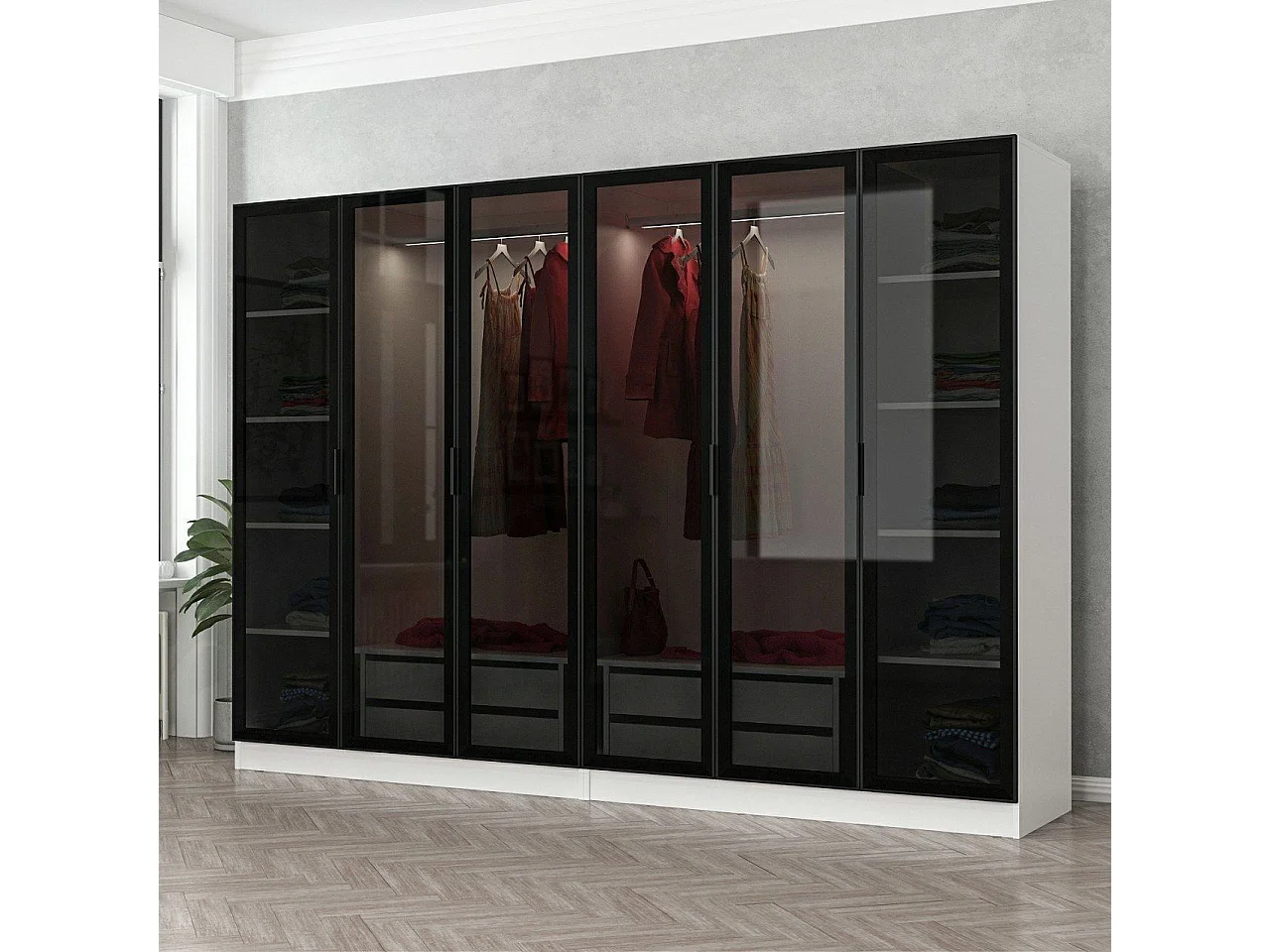 Dressing 6 portes Verre fumé Noir Antipaxos L270xH210cm 2 tringles et 4 tiroirs Blanc