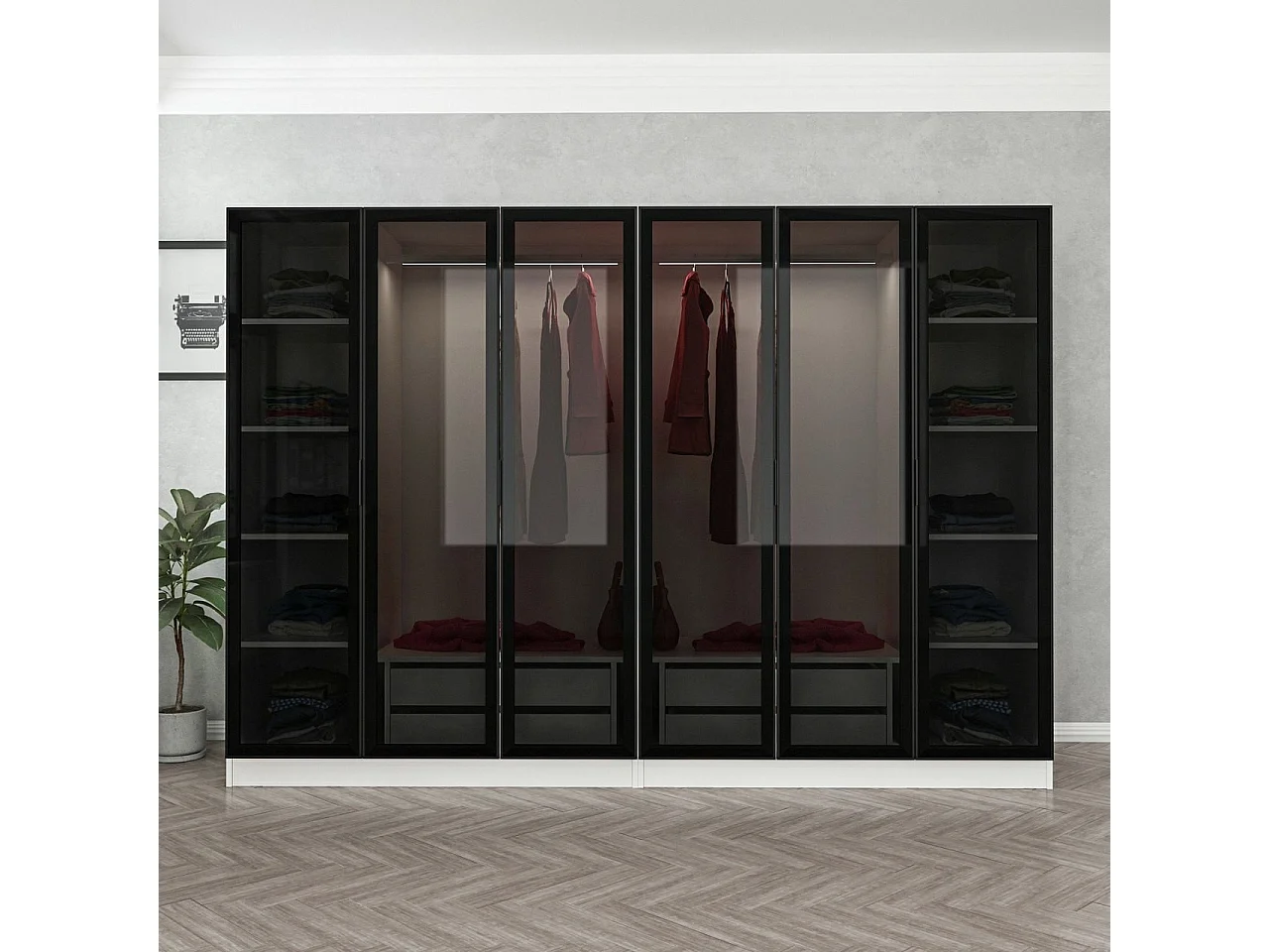Dressing 6 portes Verre fumé Noir Antipaxos L270xH210cm 2 tringles et 4 tiroirs Blanc